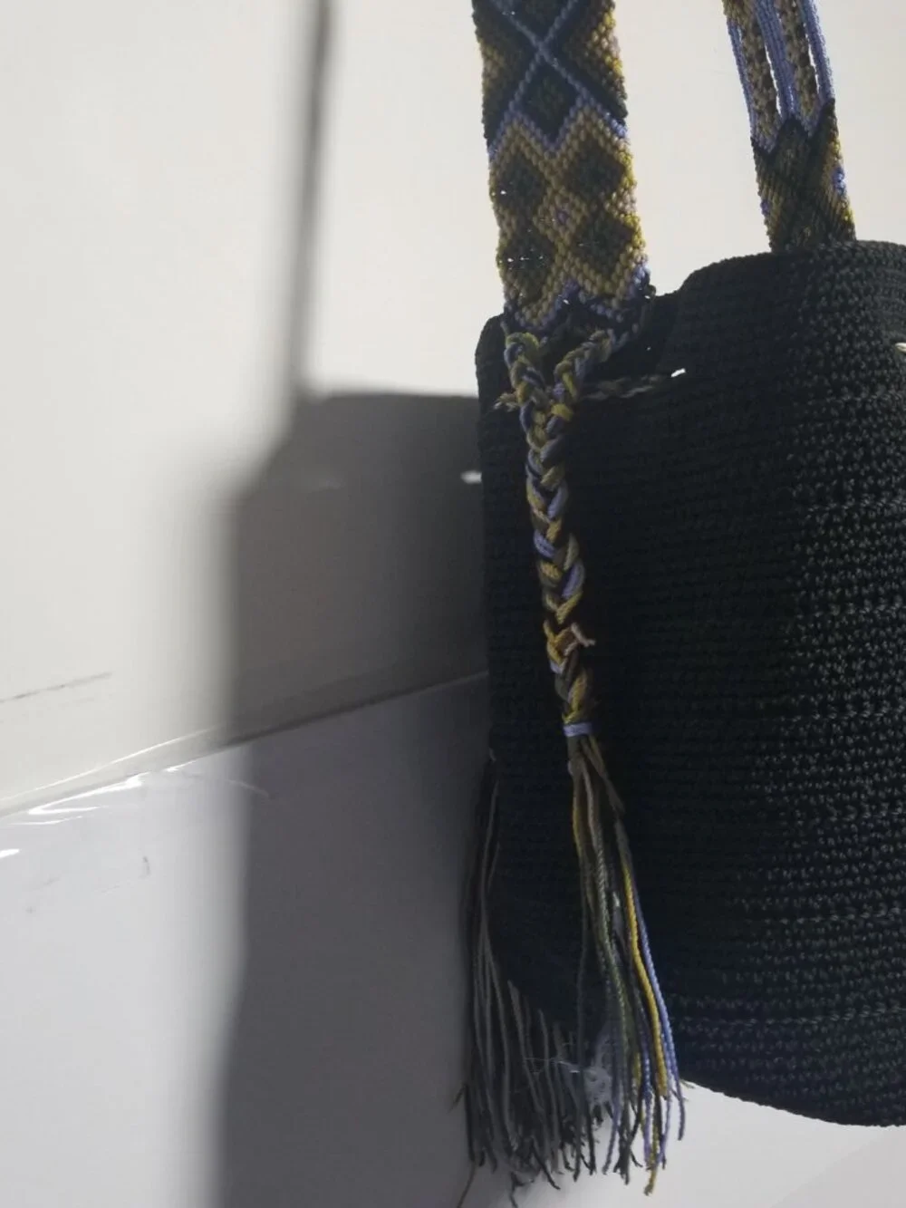 Handmade Women's Black Crochet Wayuu Mochila Boho Bohemian Bucket Bag